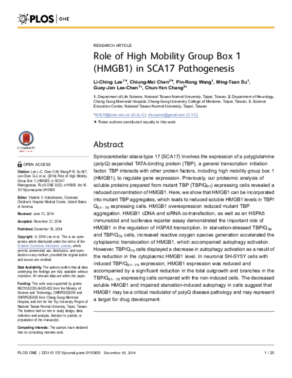 Role of high mobility group box 1 (HMGB1) in SCA17 pathogenesis