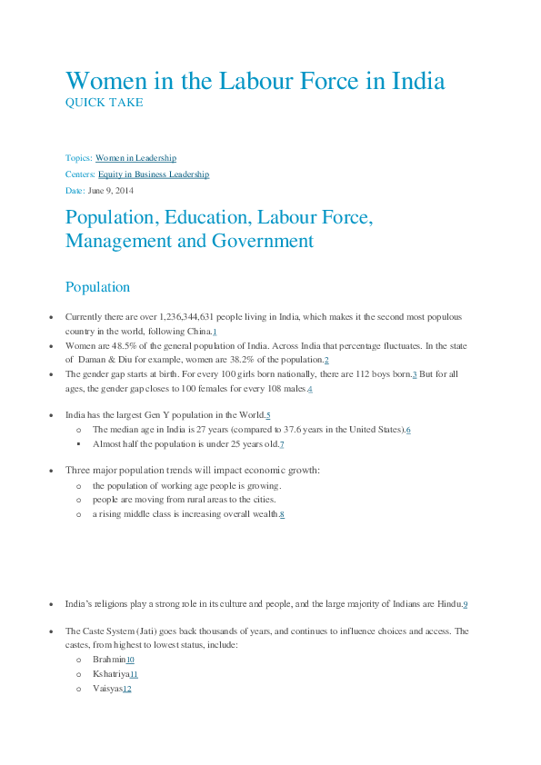 (DOC) Women in the Labour Force in India QUICK TAKE