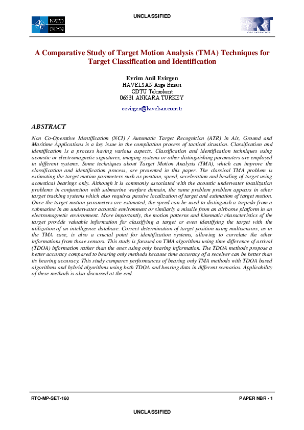 (PDF) A Comparative Study of Target Motion Analysis (TMA) Techniques ...