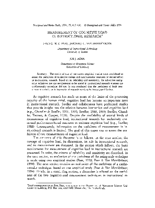 Pdf Measurement Of Cognitive Load In Instructional Research Pdf Measurement Of Cognitive Load In Instructional Research