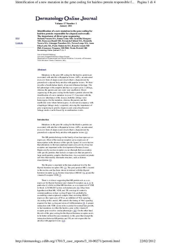 (PDF) Identification of a new mutation in the gene coding for hairless ...