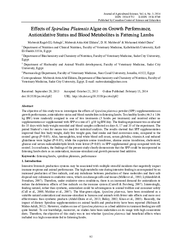 (PDF) Effects of Spirulina Platensis Algae on Growth Performance ...