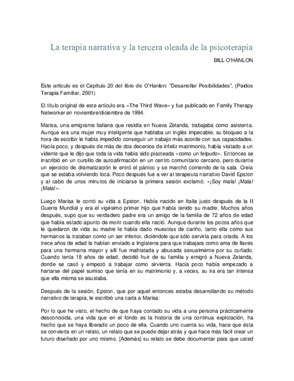 (PDF) La terapia Narrativa y la tercera ola de la psicoterapia jom