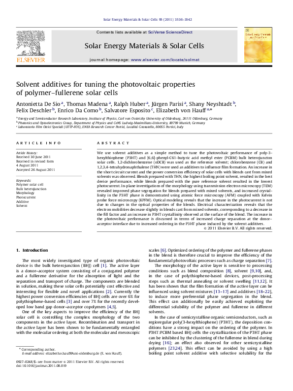 (PDF) Solvent additives for tuning the photovoltaic properties of ...