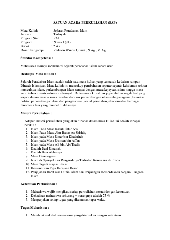 Doc Silabus Mata Kuliah Sejarah Peradaban Islam Redmon Windu Academia Edu