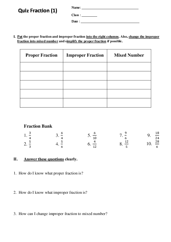 (DOC) Proper Fraction Improper Fraction Mixed Number Quiz Fraction (1