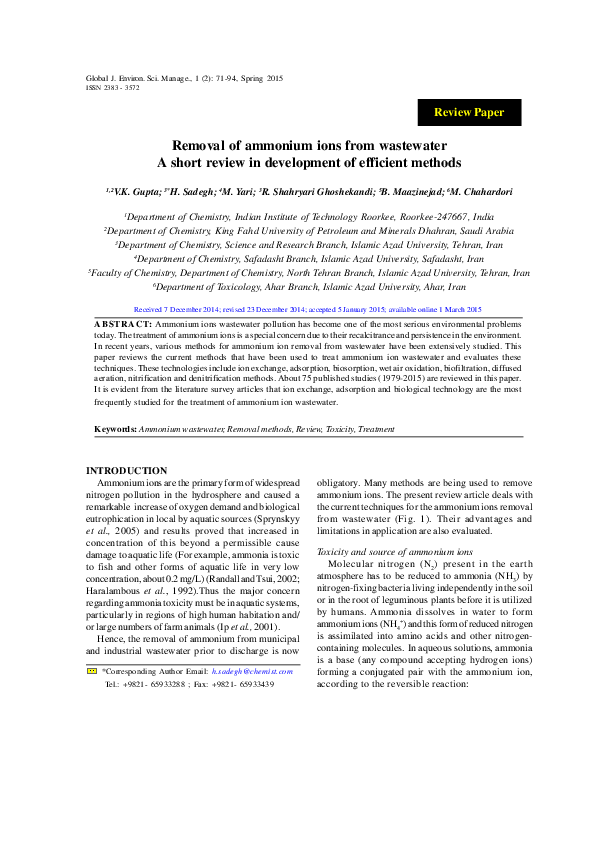 (PDF) Removal of ammonium ions from wastewater: A short review in ...