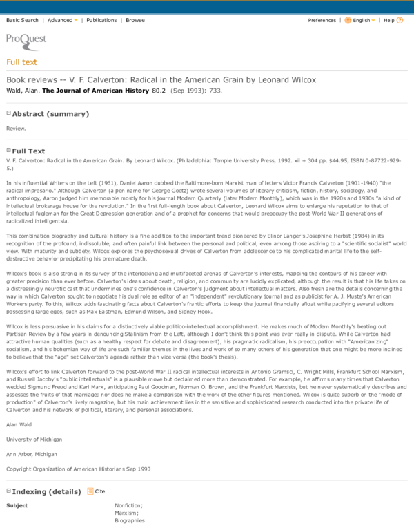 (PDF) On V. F. Calverton Alan Wald Academia.edu