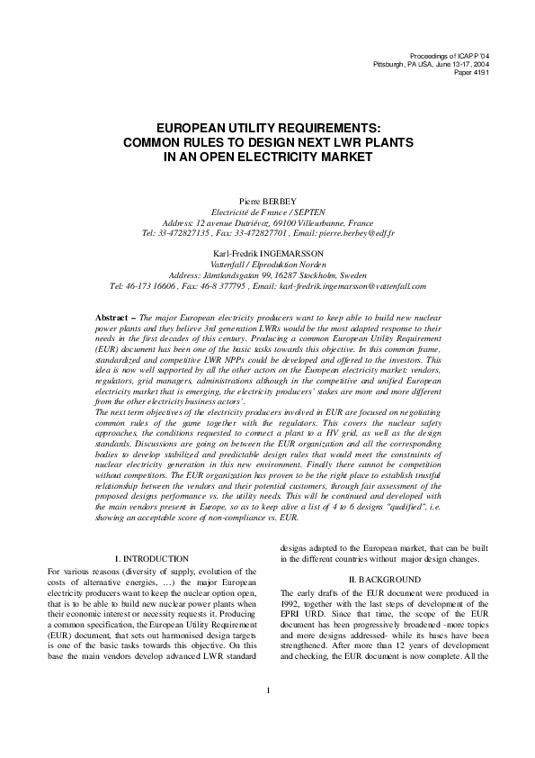 (PDF) European utility requirements common rules to design next LWR