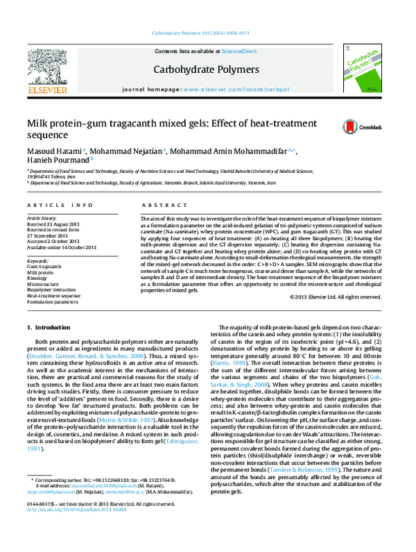 (PDF) Milk proteingum tragacanth mixed gels Effect of heattreatment