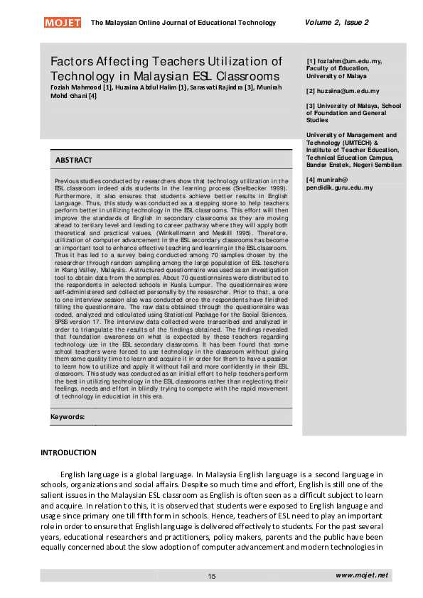 (PDF) Factors Affecting Teachers Utilization of Technology in Malaysian ...