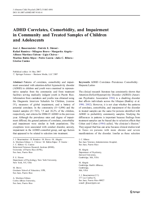 (PDF) ADHD Correlates, Comorbidity, and Impairment in Community and ...