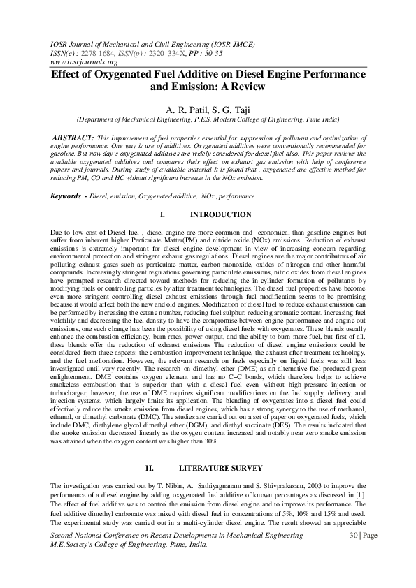 (PDF) Effect of oxygenated fuel additive on diesel engine performance