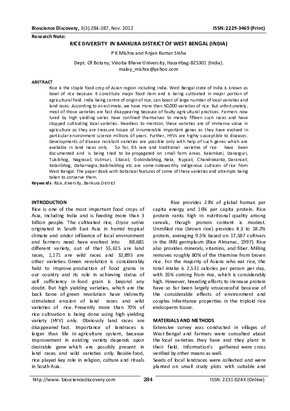 (PDF) RICE DIVERSITY IN BANKURA DISTRICT OF WEST BENGAL (INDIA) Anjan