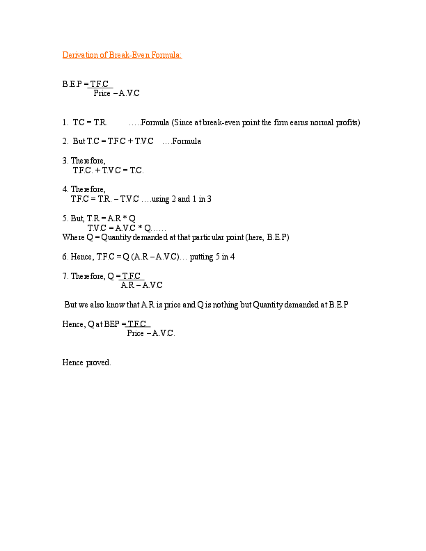(DOC) Derivation of BreakEven Formula Rushikesh Bhatkar Academia.edu