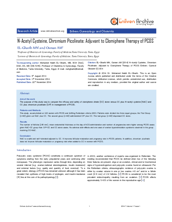 Pdf N Acetyl Cysteine Chromium Picolinate Adjuvant To