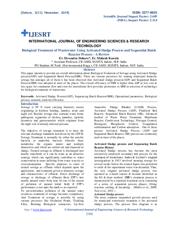  pdf biological treatment of wastewater using activated sludge process