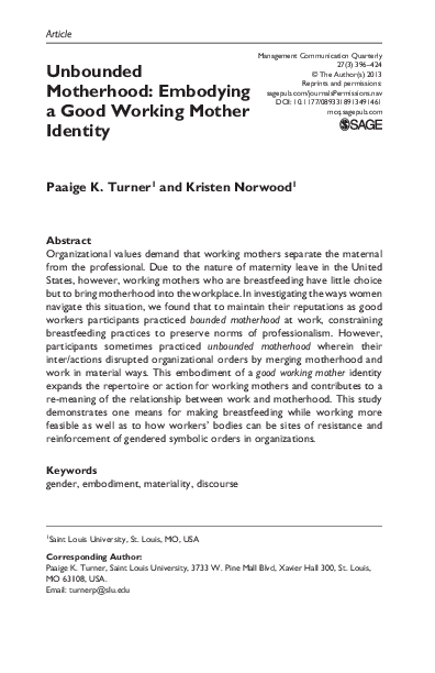(PDF) Unbounded Motherhood Embodying a Good Working Mother Identity