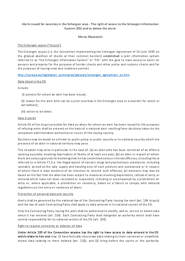 (PDF) Schengen overstay: the procedure for removing a SIS alert
