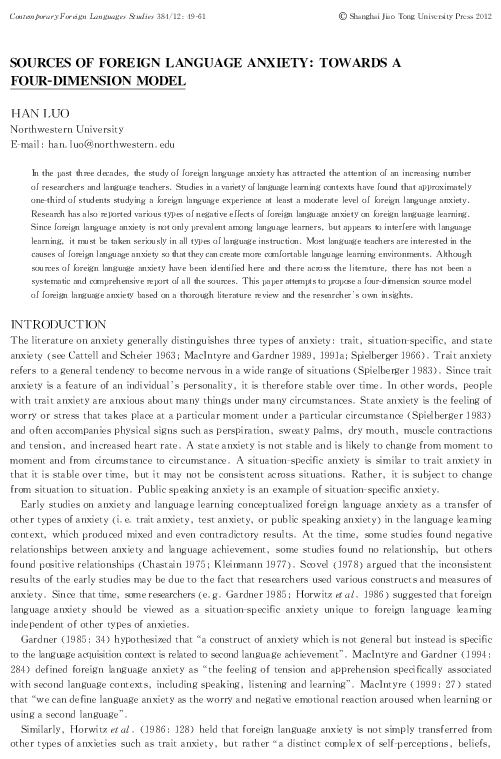 (PDF) Sources of Foreign Language Anxiety: Towards a Four Dimensional Model