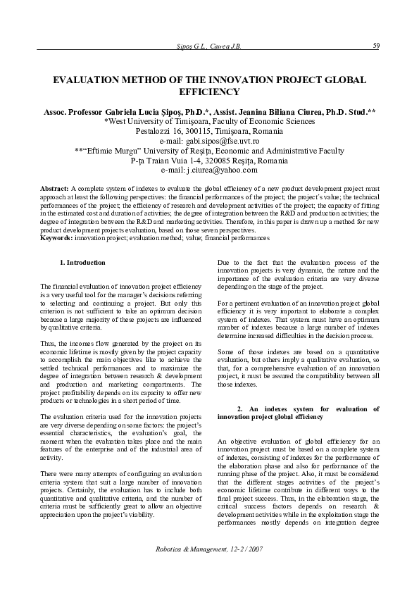 (PDF) Evaluation method of the innovation project global efficiency
