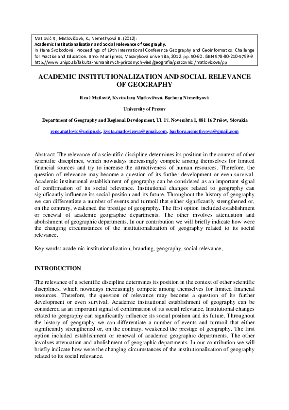 Pdf Academic Institutionalisation And Social Relevance Of