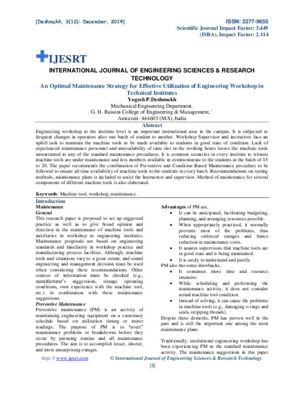 (PDF) An Optimal Maintenance Strategy for Effective Utilization of ...