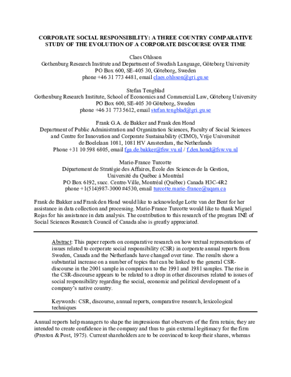 (PDF) CORPORATE SOCIAL RESPONSIBILITY: A THREE COUNTRY COMPARATIVE ...
