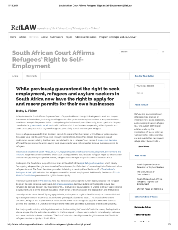 (PDF) South African Court Affirms Refugees’ Right to Self-Employment