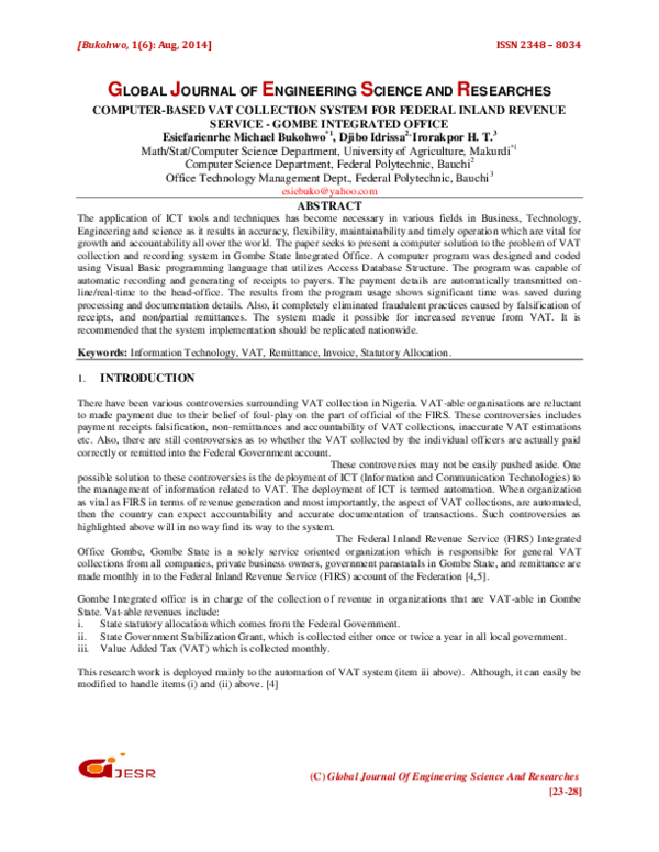 COMPUTER-BASED VAT COLLECTION SYSTEM FOR FEDERAL INLAND REVENUE SERVICE ...