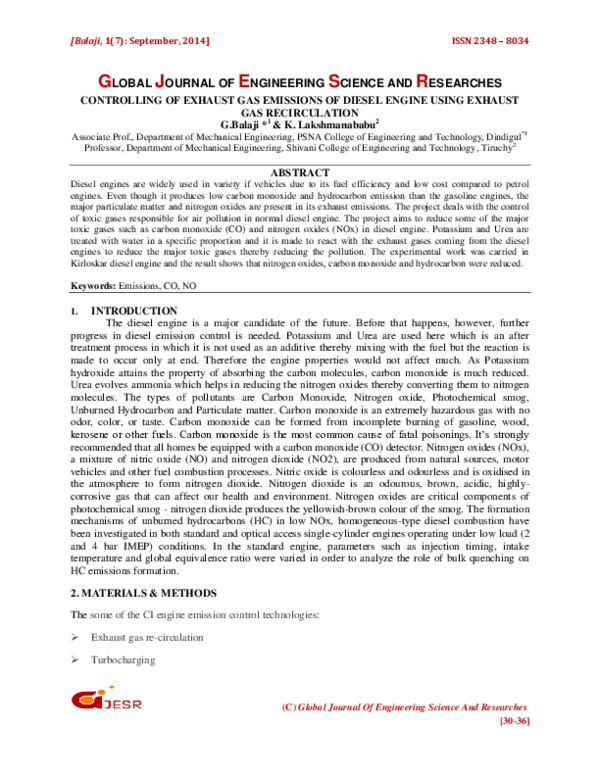 CONTROLLING OF EXHAUST GAS EMISSIONS OF DIESEL ENGINE USING EXHAUST GAS RECIRCULATION GJESR