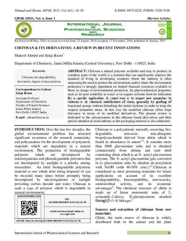 (PDF) CHITOSAN & ITS DERIVATIVES: A REVIEW IN RECENT INNOVATIONS