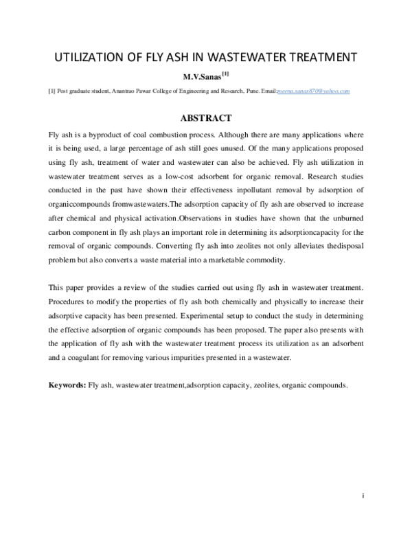 (DOC) UTILIZATION OF FLY ASH IN WASTEWATER TREATMENT