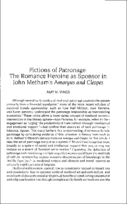Fictions of Patronage: The Romance Heroine as Sponsor in John Metham's Amoryus and Cleopes