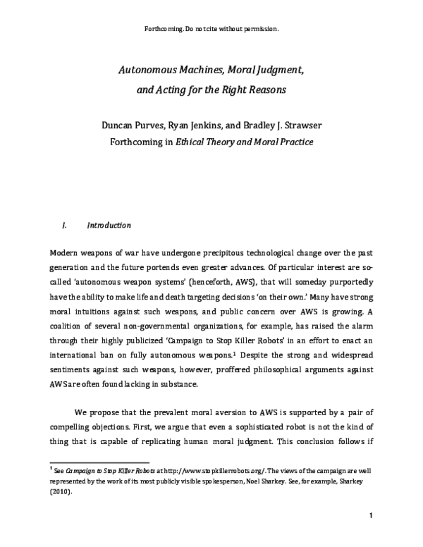 (PDF) Autonomous Machines, Moral Judgment, and Acting for the Right