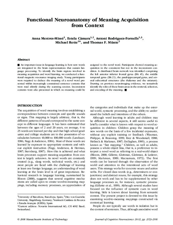 (PDF) Functional Neuroanatomy of Meaning Acquisition from Context