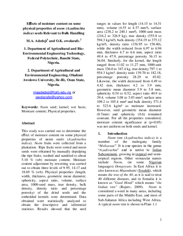 (PDF) Effects of moisture content on some physical properties of neem
