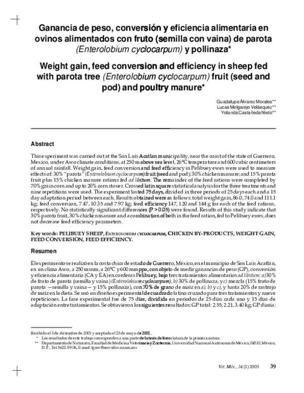 (PDF) Ganancia de peso, conversión y eficiencia alimentaria en ovinos ...