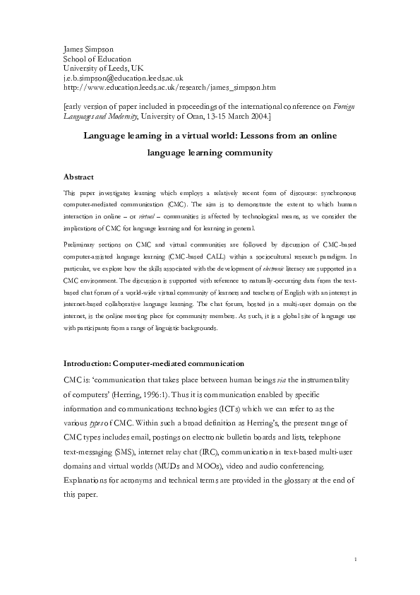 (PDF) language learning in a virtual world James Simpson Academia.edu
