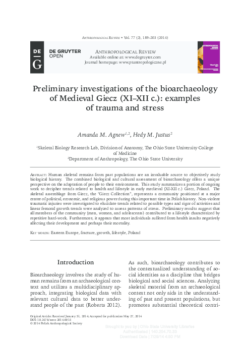 (PDF) Preliminary investigations of the bioarchaeology of medieval ...