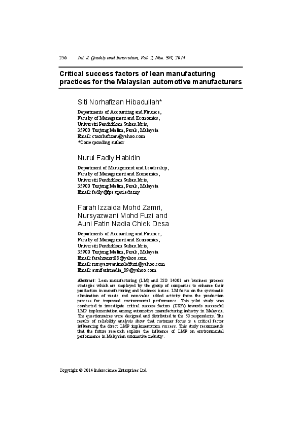 (PDF) Critical success factors of lean manufacturing practices for the ...