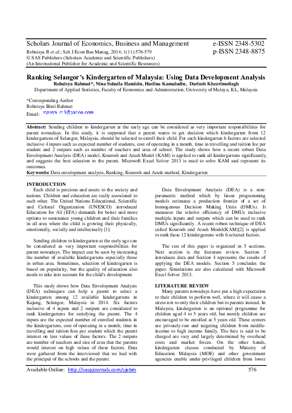 Pdf Ranking Selangor S Kindergarten Of Malaysia Using Data Development Analysis Dariush Khezrimotlagh Academia Edu