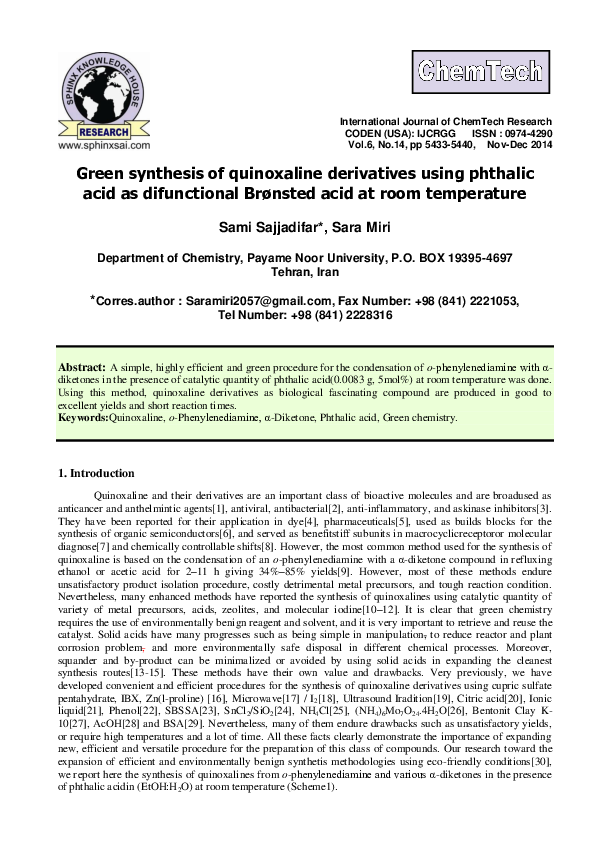 Green synthesis of quinoxaline derivatives using phthalic acid as ...