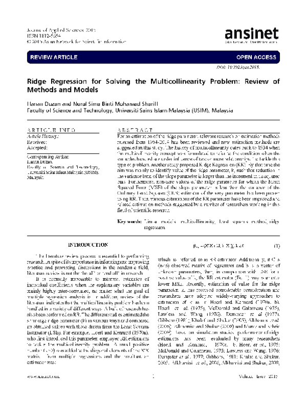 (PDF) Ridge Regression for Solving the Multicollinearity Problem ...