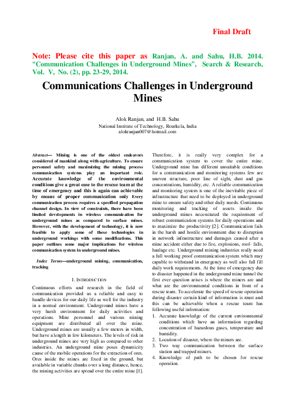 (PDF) Communications Challenges in Underground Mines