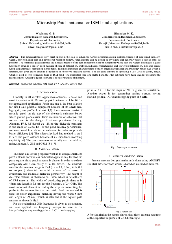 (PDF) Microstrip patch antenna for ISM band applications