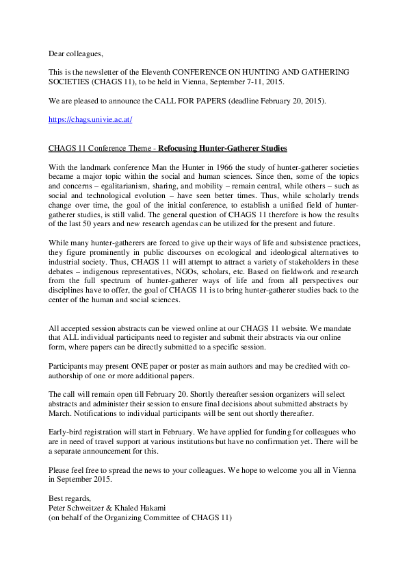 Eleventh Conference on Hunting and Gathering Societies (CHAGS 11). Call