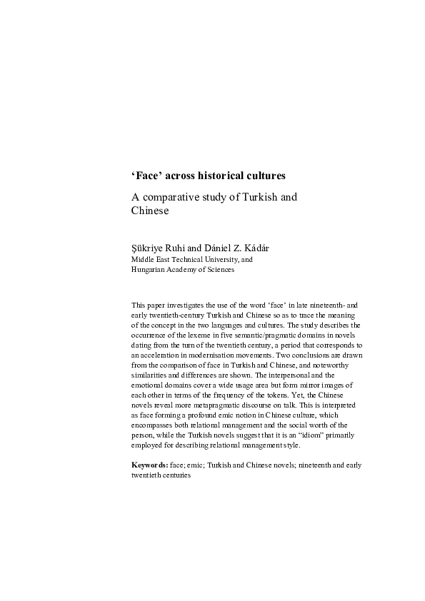 (PDF) ‘Face’ across historical cultures A comparative study of Turkish