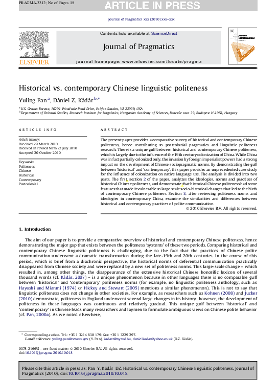 (PDF) Historical vs. contemporary Chinese linguistic politeness