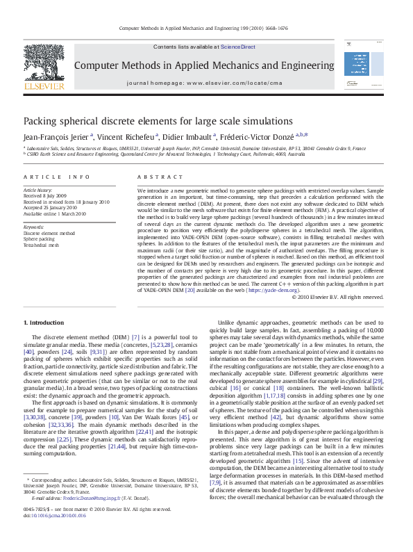 (PDF) Packing spherical discrete elements for large scale simulations